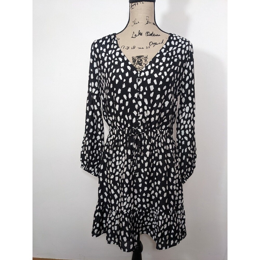 $178 Vineyard Vines Womens Spotted Tie Waist Dress Black/Marshmallow V-Neck S
